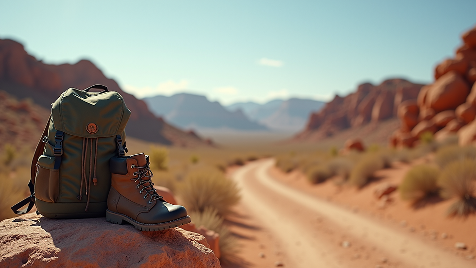 Wide angle view of a desert trail with a backpack and hiking boots resting on a rock