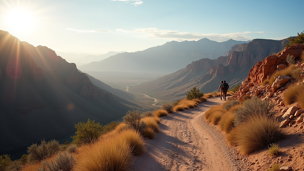 High angle view of hiking trail with desert landscape and mountains