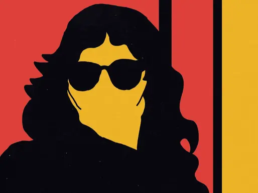 Ilustração de Thalia Vargas inspirada em foto da poeta Ana Cristina Cesar. A ilustração é simples, com formas chapadas, em vermelho, amarelo e preto. Mostra o contorno da roupa, dos cabelos e do óculos escuros da poeta - todos pretos.