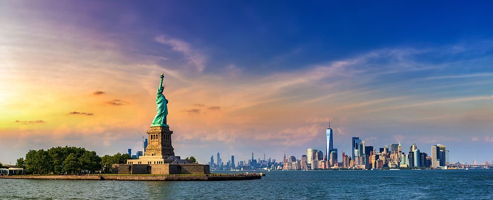 Panorama of Statue of Liberty against Manhattan cityscape background in New York City, NY