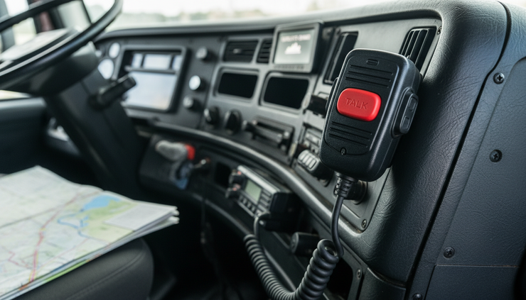 Close-up view of a rugged push to talk microphone mounted beside a truck dashboard.