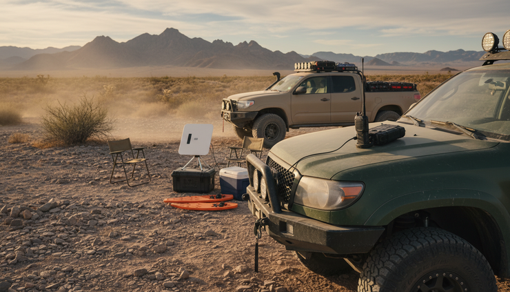 Eye-level view of two 4WD vehicles stopped on a rocky trail with a portable satellite dish near camp gear.