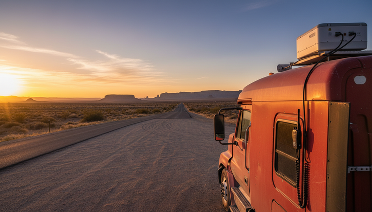 Wide-angle view of a semi truck parked beside a remote highway with a satellite dish mounted on the cab.