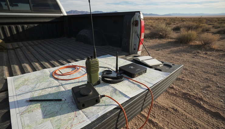 Overhead view of a 4WD convoy map, handheld radio, and push to talk device laid on a tailgate.
