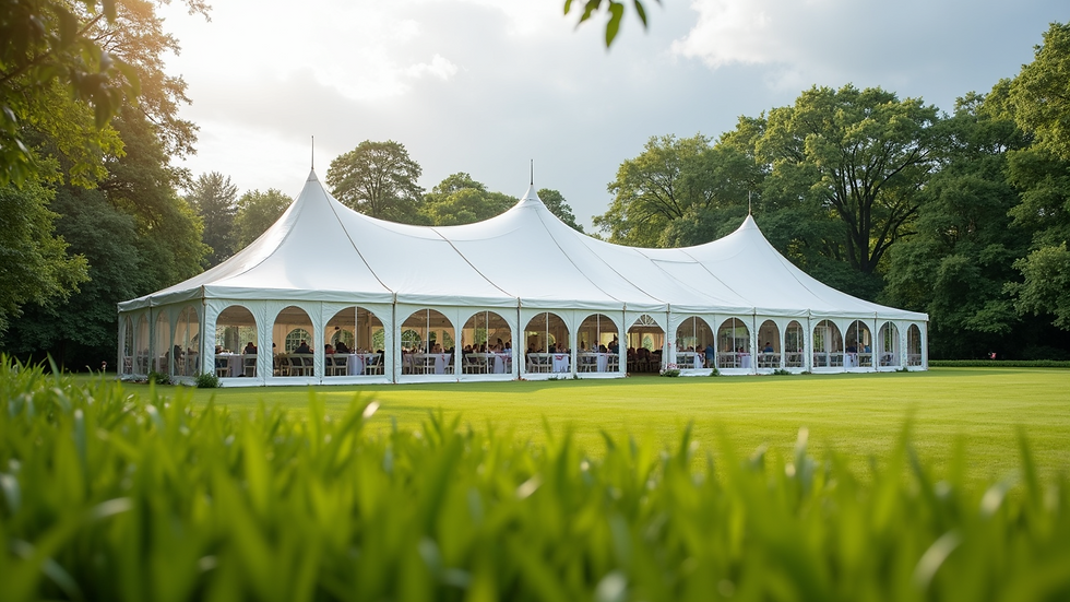Eye-level view of a large white event tent set up on a green lawn