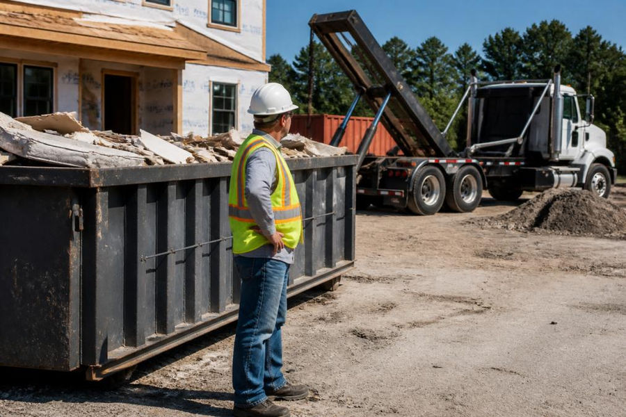 A construction site manager in a hard hat and safety vest standing beside a large roll-off bin filled with renovation debris, with a hook lift truck in the background on a sunny day