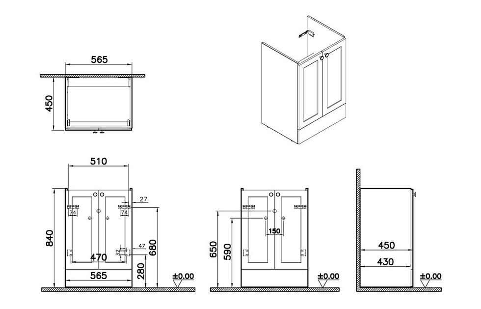 Thumbnail: VitrA Root Classic 60cm 2 Door Floor Standing washbasin unit