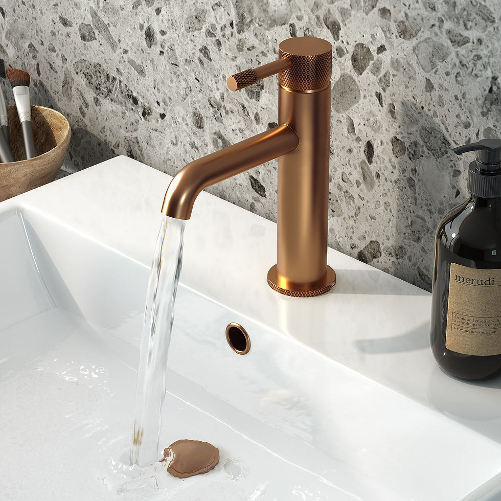 Eye-level view of a chic Hatton Bronze basin mixer from St James England Living Collection