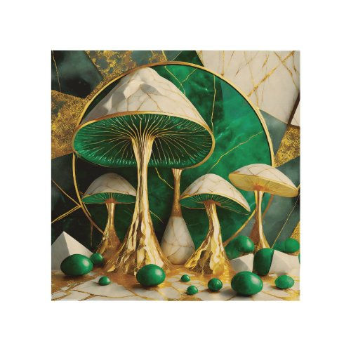 Top 10! Mushrooms in Green and Gold Geometric Surreal Wood Wall Art