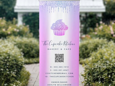 Top 10! QR Code Cupcake Bakery Café Purple Glitter Drips Retractable Banner