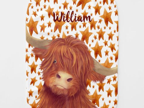 Hot Deals! Cute Highland Cow and Stars Illustration Name   Baby Burp Cloth