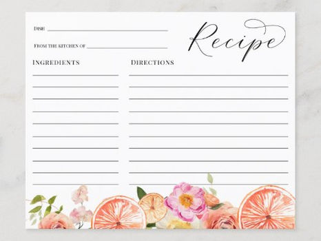 Big Deals! Citrus Pink Flowers Bridal Shower Recipe card