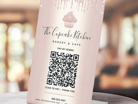 Big Deals! QR Code Pay Here Rose Gold Cupcake Glitter Bakery Pedestal Sign