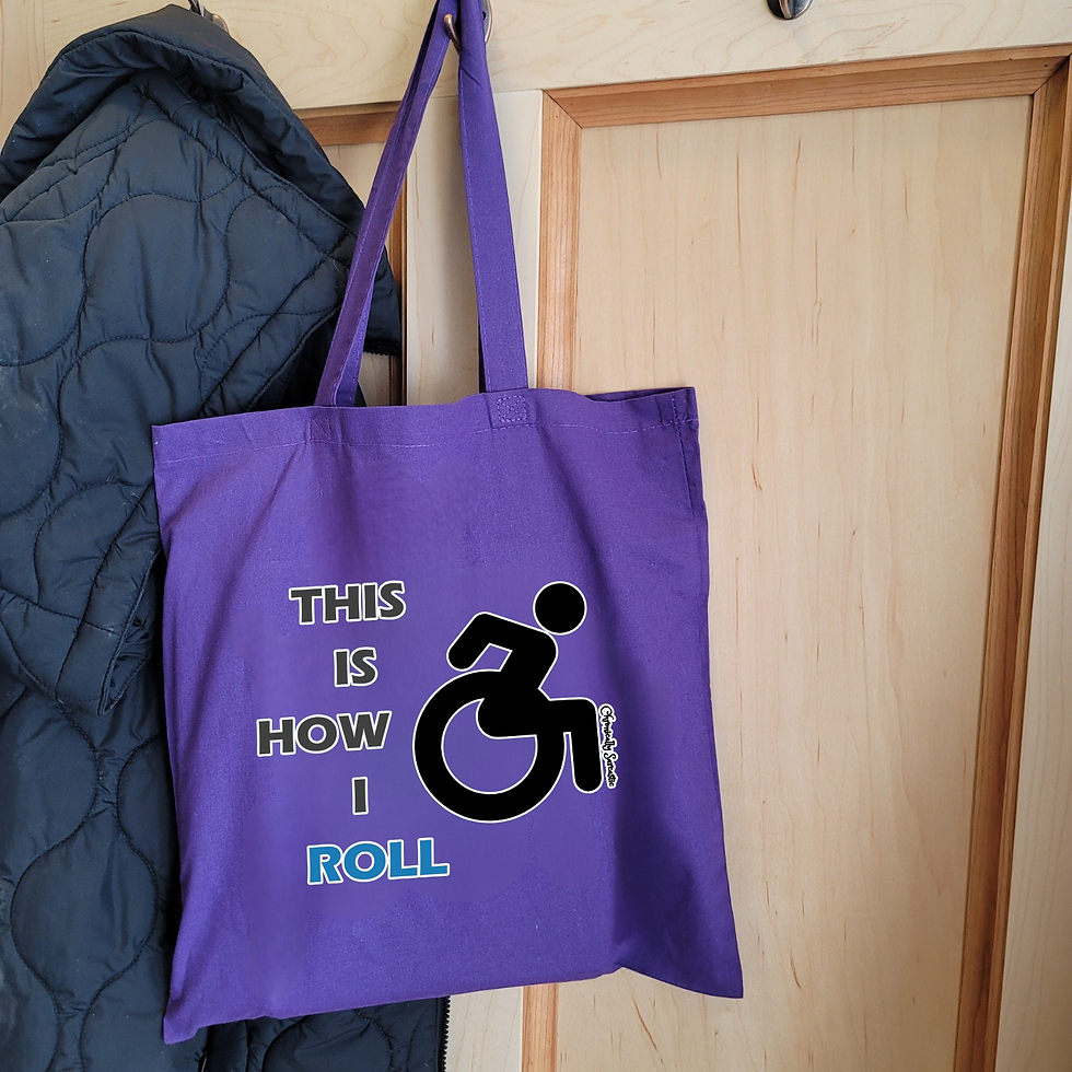 Purple Tote Bag hanging up with "This Is How I Roll" funny wheelchair design on front
