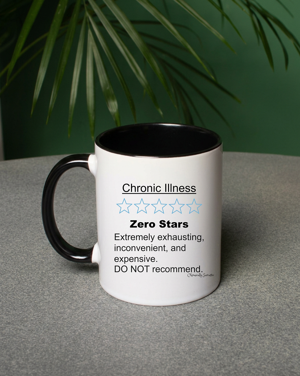 Thumbnail: White tea mug with black accents on a green background with "Chronic Illness Zero Stars" funny review design