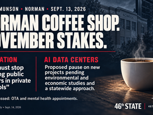 Full-bleed 46th State graphic — Munson Norman school-choice and AI quotes; no faces