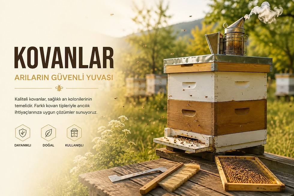 Close-up view of beekeeping equipment including hives and tools