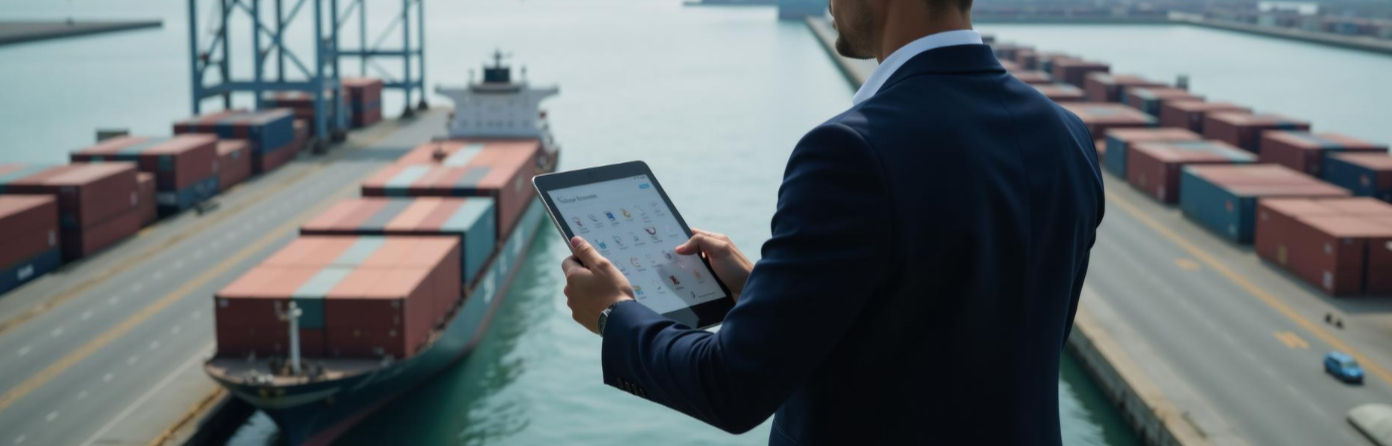 Homme devant un port de marchandise avec une tablette