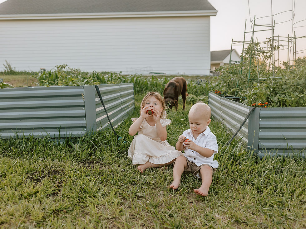 This dreamy Nebraska family session captures barefoot moments in the garden with strawberr
