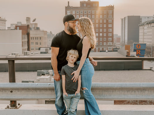 The Florian Family | Modern Rooftop Urban Family Photos in Downtown Lincoln, Nebraska