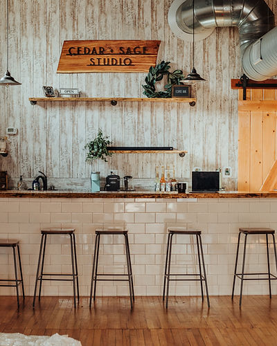 Photography Studio. White subway tile. Modern design. Cedar and Sage Studio. Coffee Shop. Bar. Photography Studio. Event Space. Wedding Venue.
