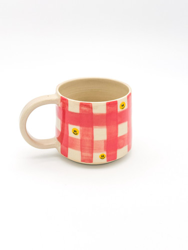 Pink Gingham Smiley Ceramic Mug