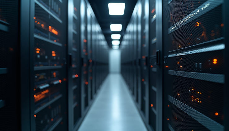 Eye-level view of a data center rack with network switches and servers
