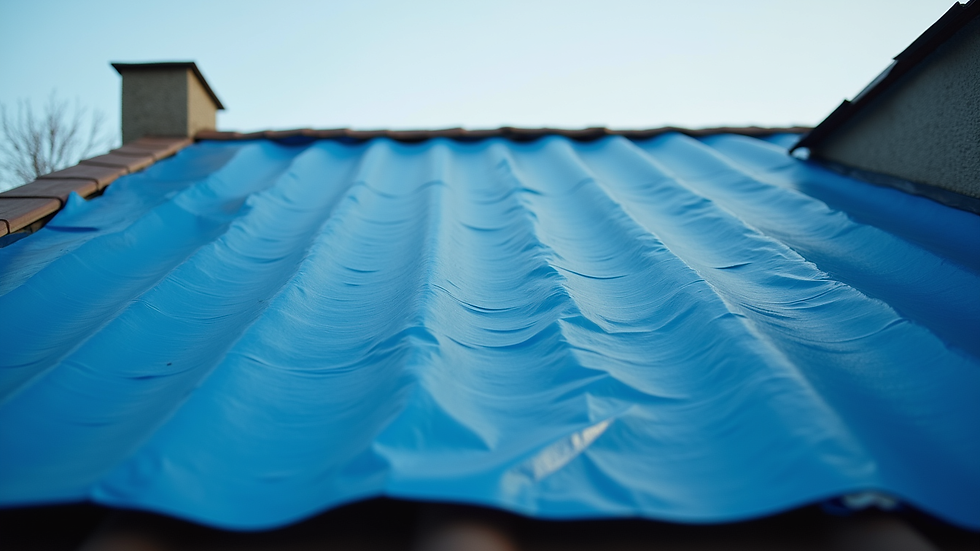Close-up view of a roof covered with a blue tarp as a temporary fix