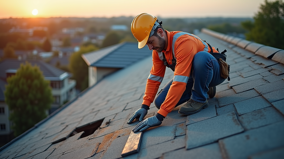 High angle view of roofing contractor inspecting a damaged roof