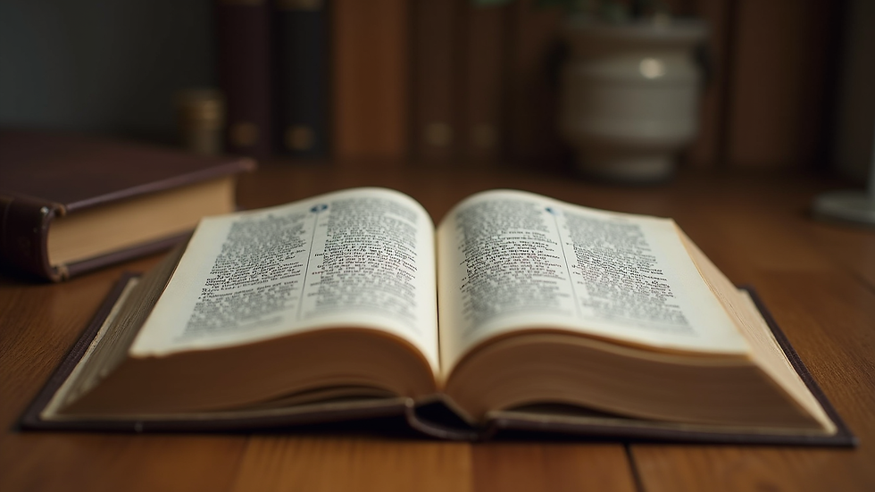 Eye-level view of an open book with ancient texts on a wooden table