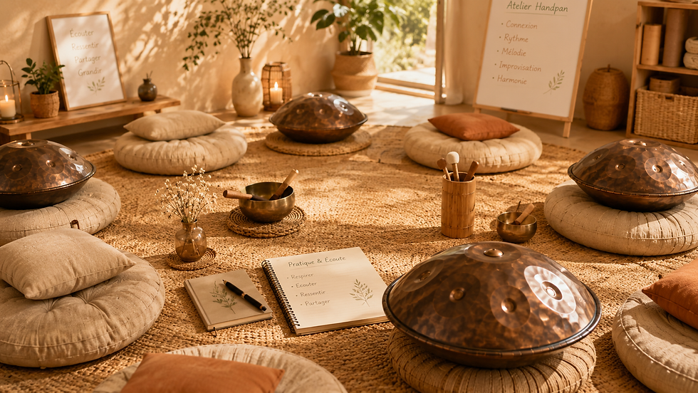 Espace chaleureux avec handpans, bols tibétains, mailloches et coussins pour les ateliers et cours Quinte&Sens
