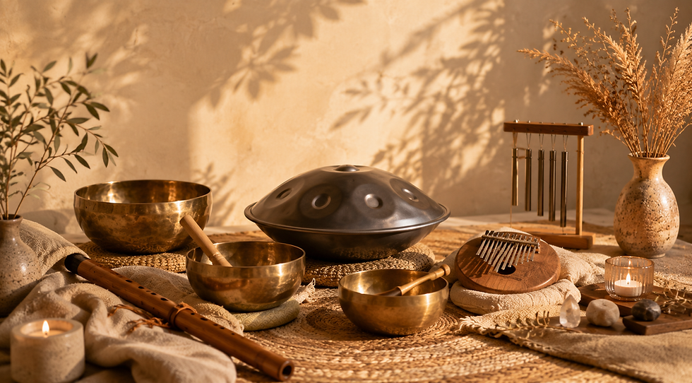 Handpan, bols tibétains, kalimba et autres instruments utilisés lors des voyages sonores