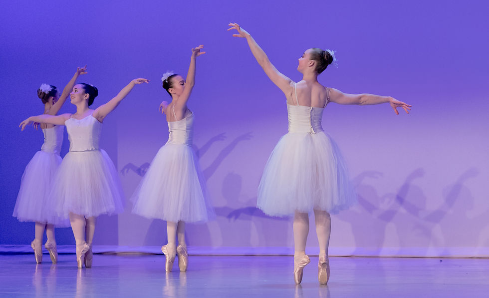 graceful ballerinas en pointe in white flowing tutus.