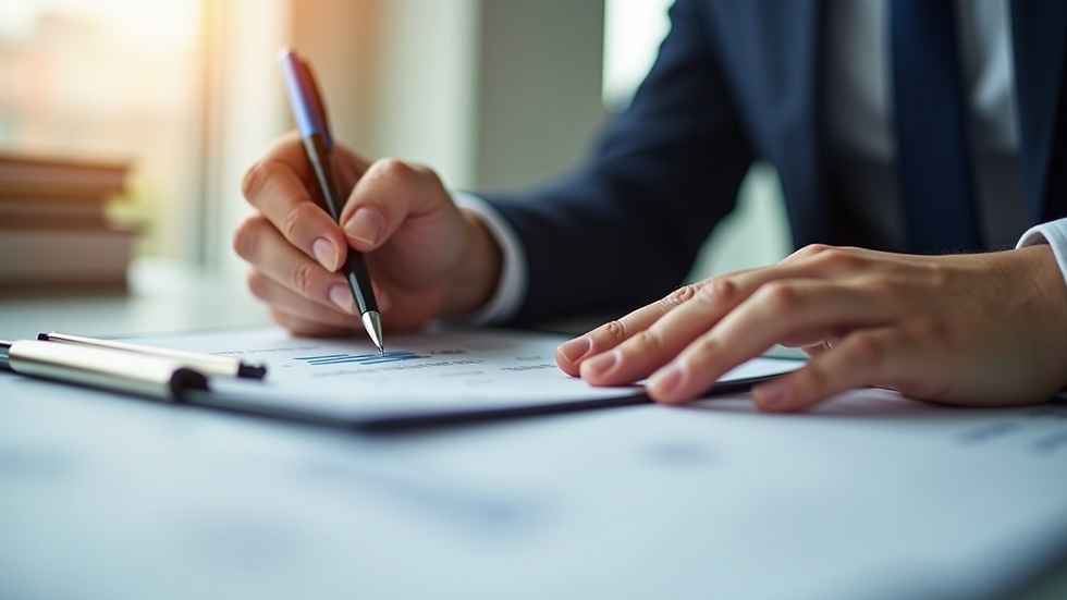 Close-up view of a person reviewing financial documents with a pen
