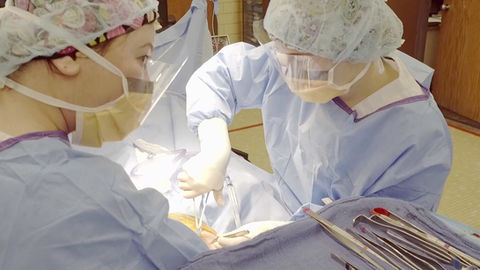 Surg Tech students performing surgery with medical tools in an operating room setting.