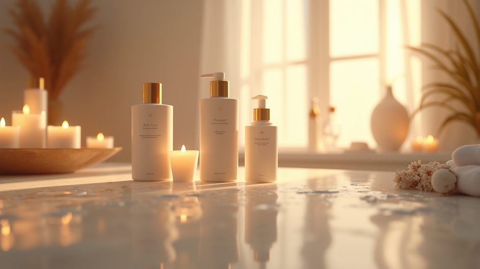 Eye-level view of a serene spa room with soft lighting and skincare products
