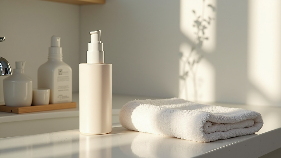 Close-up view of a skincare bottle and soft towel on a bathroom counter
