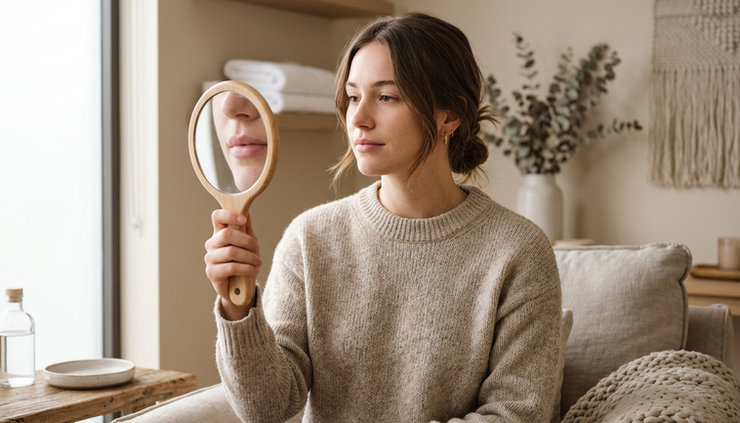 Eye-level view of a person looking at their natural lip shape in a handheld mirror