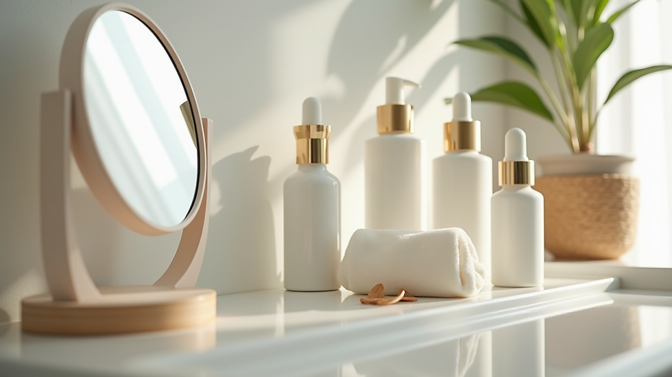 Eye-level view of a clean vanity with soothing skincare products and a mirror