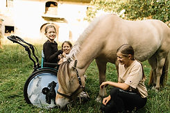 Heilpädagogische und therapeutische Förderung mit Kindern – Kind im Rollstuhl und zwei Mädchen erleben achtsame Begegnung mit einem Therapiepferd auf der Wiese.