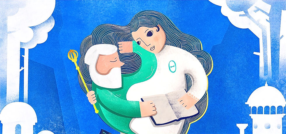 An illustration of an old man sitting with a young woman. Her flowing black hair surrounds them both as they read a book. She holds a gold scepter.