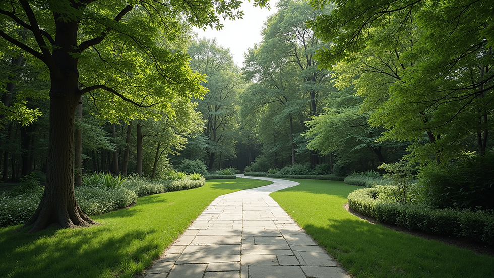 Wide angle view of a tranquil retreat with a pathway surrounded by lush greenery