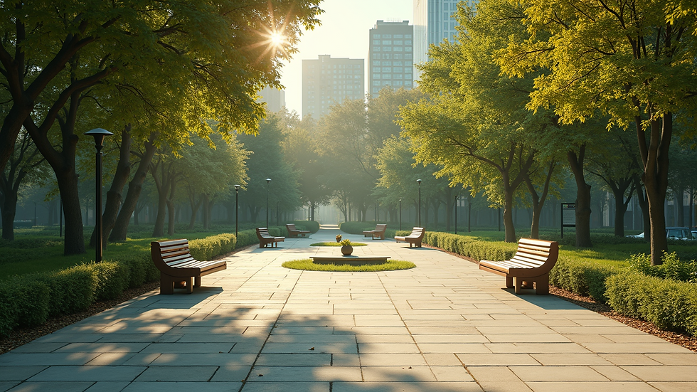 Wide angle view of a serene park space promoting mental well-being