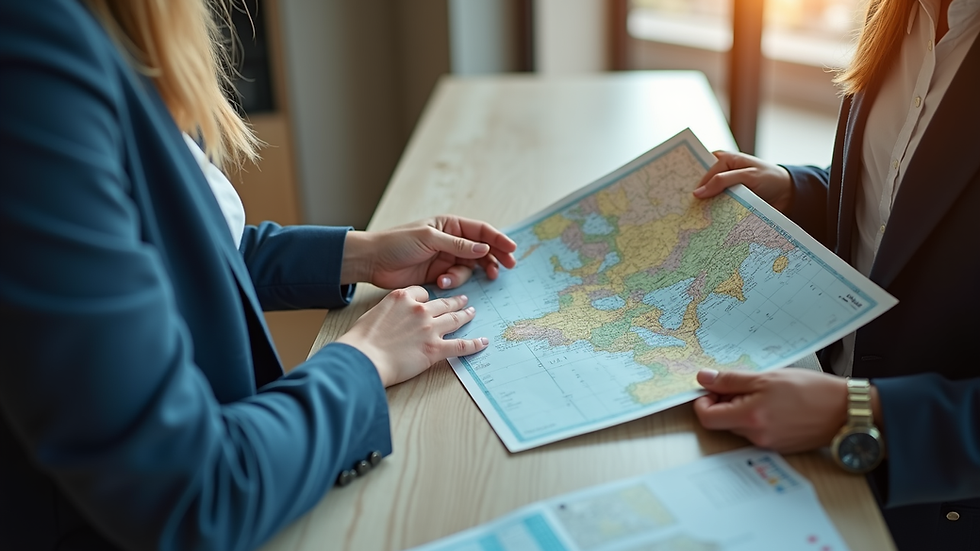 Eye-level view of a travel agent showing a map to a customer