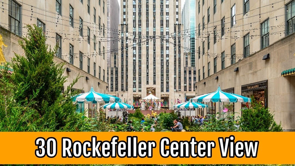 Outdoor cafe with blue-striped umbrellas at Rockefeller Center, tall buildings in background, lush greenery, and string lights above. Text: "30 Rockefeller Center View".