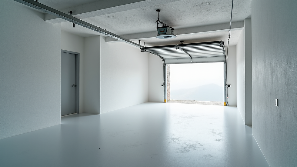 High angle view of a garage interior with spray foam insulation on walls and ceiling