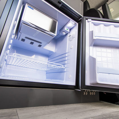 12V Isotherm Marine Refrigerator in Ford Transit camper van, offering reliable and efficient cooling.