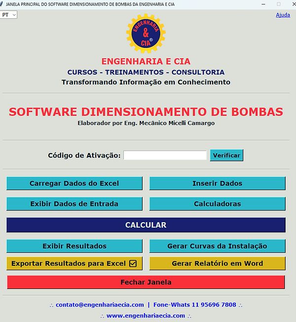 janela principal do software dimensionamento de bombas