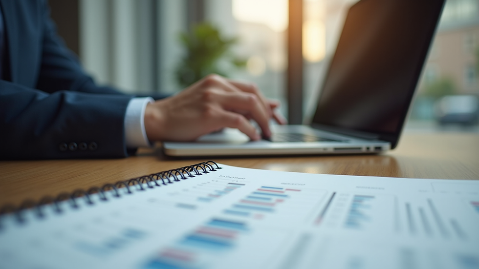 Eye-level view of a modern office desk with a laptop and marketing strategy notes