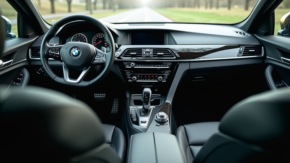 Eye-level view of a pristine car interior with clean seats and dashboard